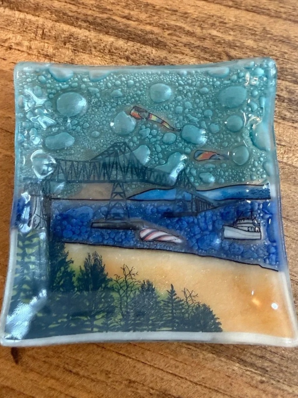 Coastal Bridge Fused Glass Wall Art in Blue and Aqua
